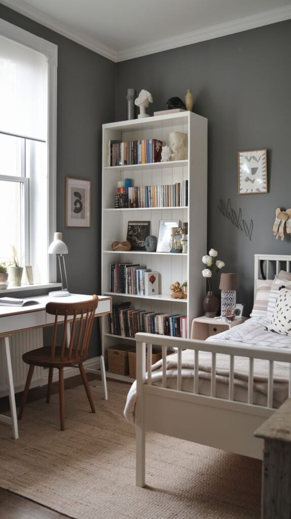 High-contrast Cozy Small Bedroom for Women design using dark charcoal gray walls, a functional white desk under the window, and a tall white bookcase separating the work and sleeping areas.