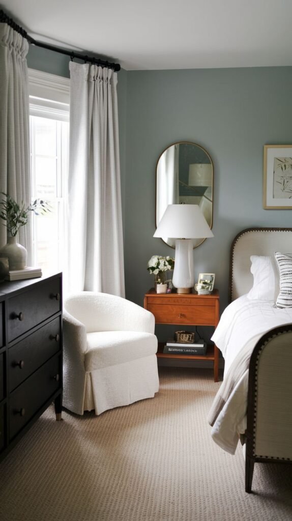 Sophisticated and serene Cozy Small Bedroom for Women featuring sage green walls, an upholstered bed, a white skirted armchair, and contrasting dark and warm-toned wood storage pieces.