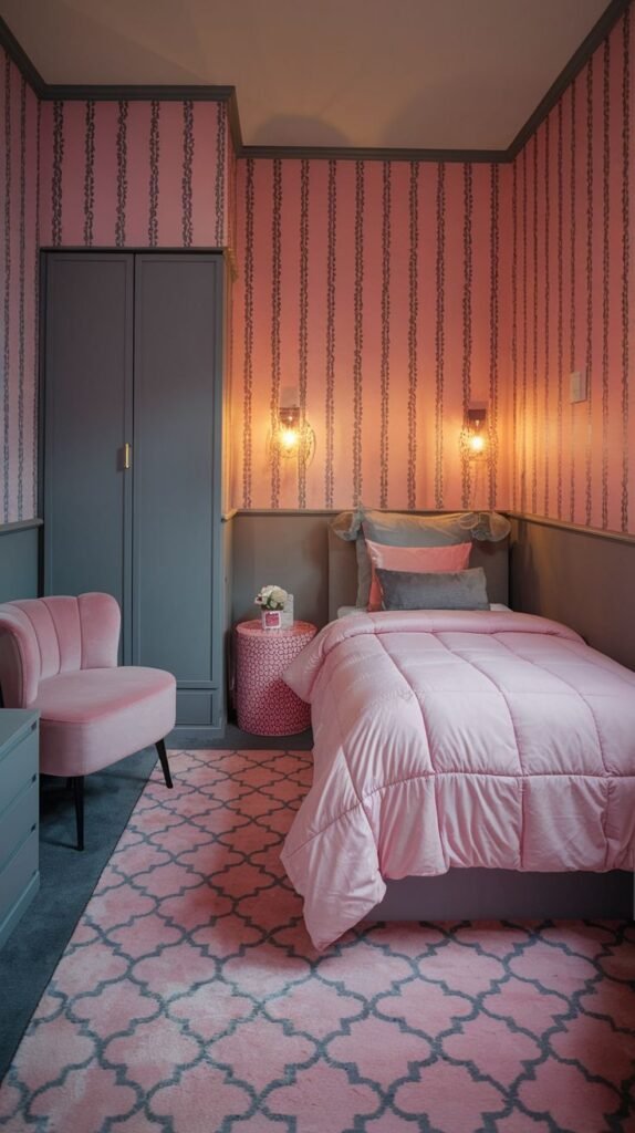 A dramatic and feminine Cozy Small Bedroom for Women utilizing pink striped wallpaper, gray lower paneling, a large pink and gray geometric rug, and a small pink velvet accent chair.