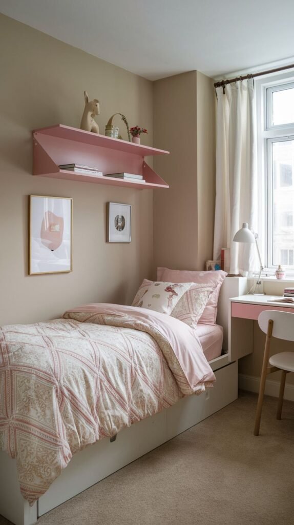 Maximizing space in this Cozy Small Bedroom for Women using a bed with integrated under-bed storage, a white desk by the window, and a unique pink cantilevered floating shelf.