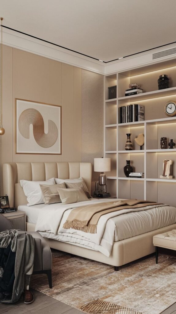 A Cozy Small Bedroom Interior featuring a neutral beige palette, a padded headboard, and functional illuminated vertical shelving built into the wall.
