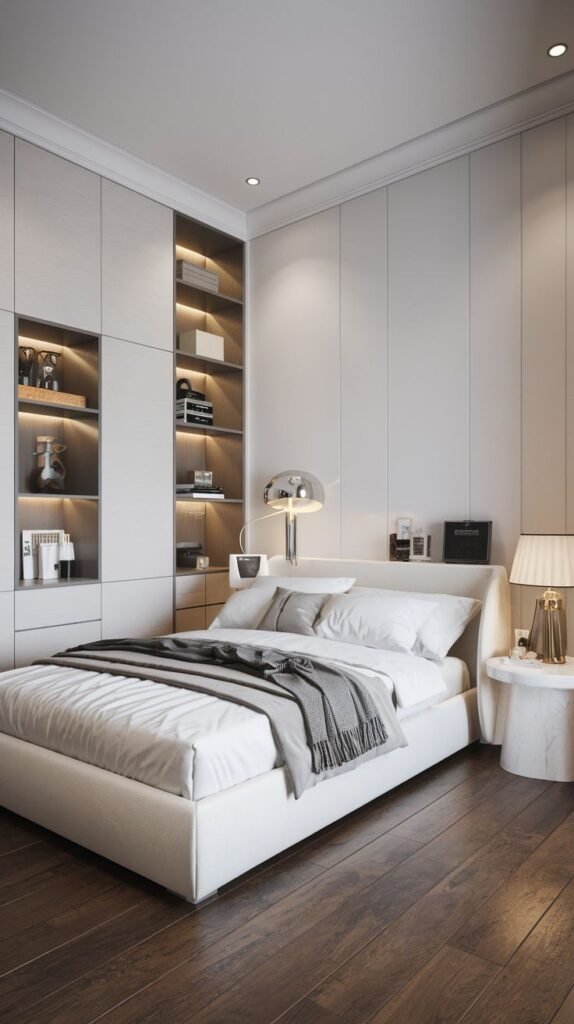 An airy Cozy Small Bedroom Interior featuring a light monochromatic palette, concealed floor-to-ceiling wardrobe storage, and illuminated recessed shelving.