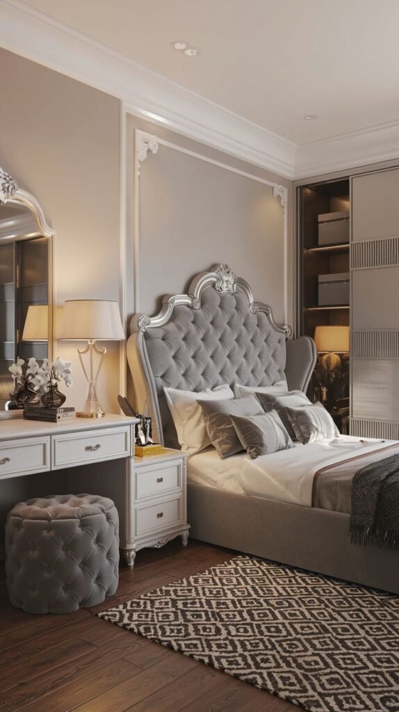 A luxurious Cozy Small Bedroom Interior showcasing an oversized gray velvet tufted winged headboard with silver trim, detailed wall molding, and a classic white vanity.
