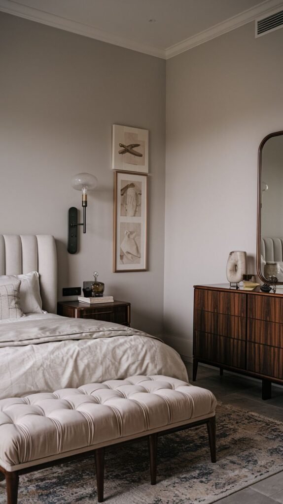 This tranquil Cozy Small Bedroom Interior utilizes a mid-century dark wooden dresser, a ribbed headboard, and a tufted neutral bench placed at the foot of the bed.