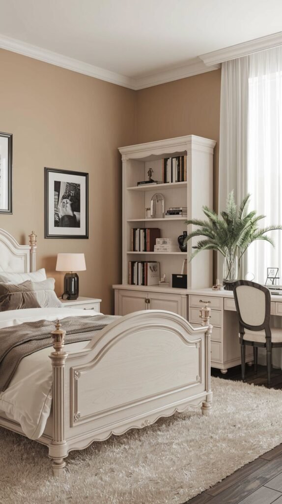A classic Cozy Small Bedroom Interior featuring a traditional white wooden bed frame and an integrated tall bookcase serving as a functional corner workspace.