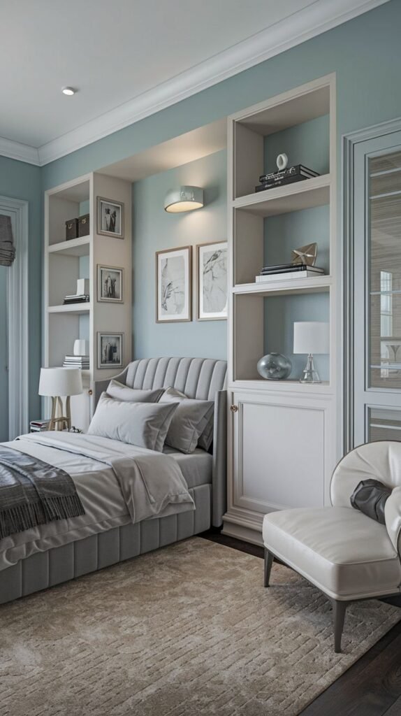 A serene Cozy Small Bedroom Interior where the upholstered bed is set within an alcove framed by large, light-toned built-in library shelves.