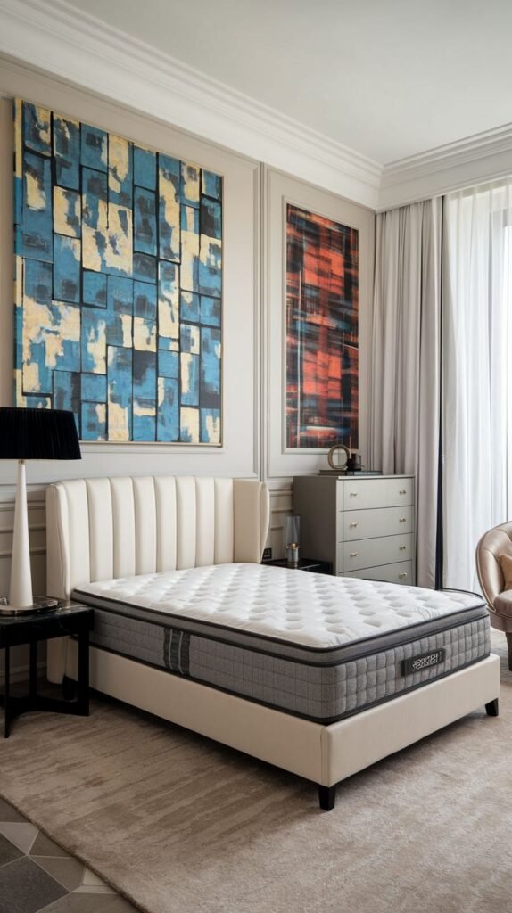 A vibrant Cozy Small Bedroom Interior balancing a cream palette and simple bed structure with large, bold abstract paintings featuring fragmented blue, yellow, and red blocks.