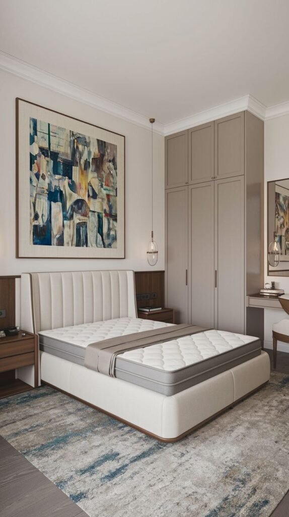 This organized Cozy Small Bedroom Interior includes tall, neutral-toned built-in wardrobes, a padded headboard, and a large abstract artwork hanging above the bed.