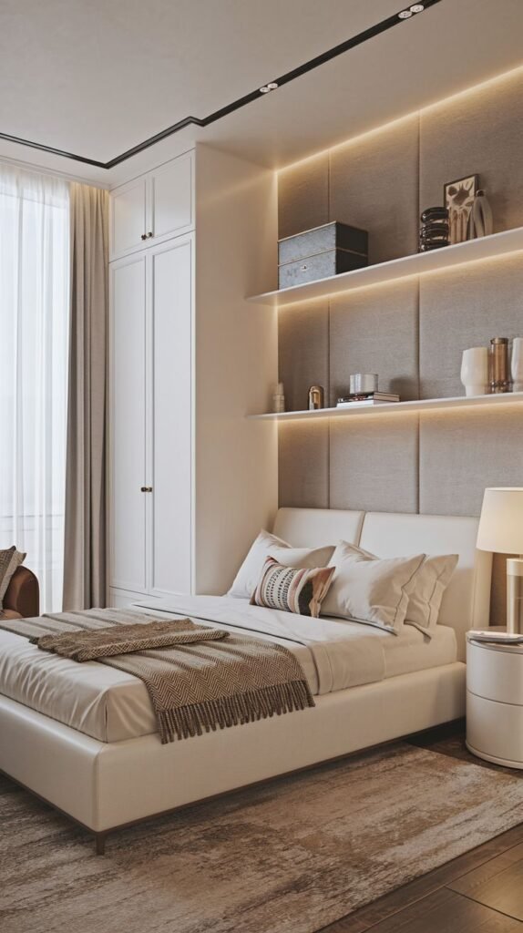 A warmly lit Cozy Small Bedroom Interior utilizing padded gray fabric wall panels behind the bed, horizontal floating shelves, and integrated perimeter strip lighting.