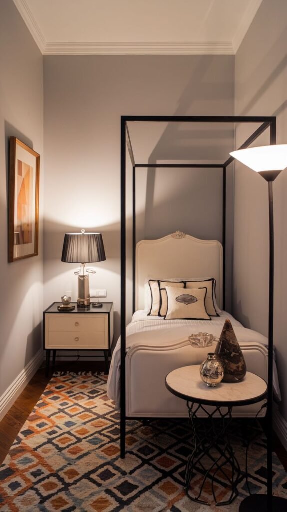 A narrow and moody Cozy Small Bedroom Interior featuring a sleek black iron canopy single bed and a striking multicolored geometric area rug.