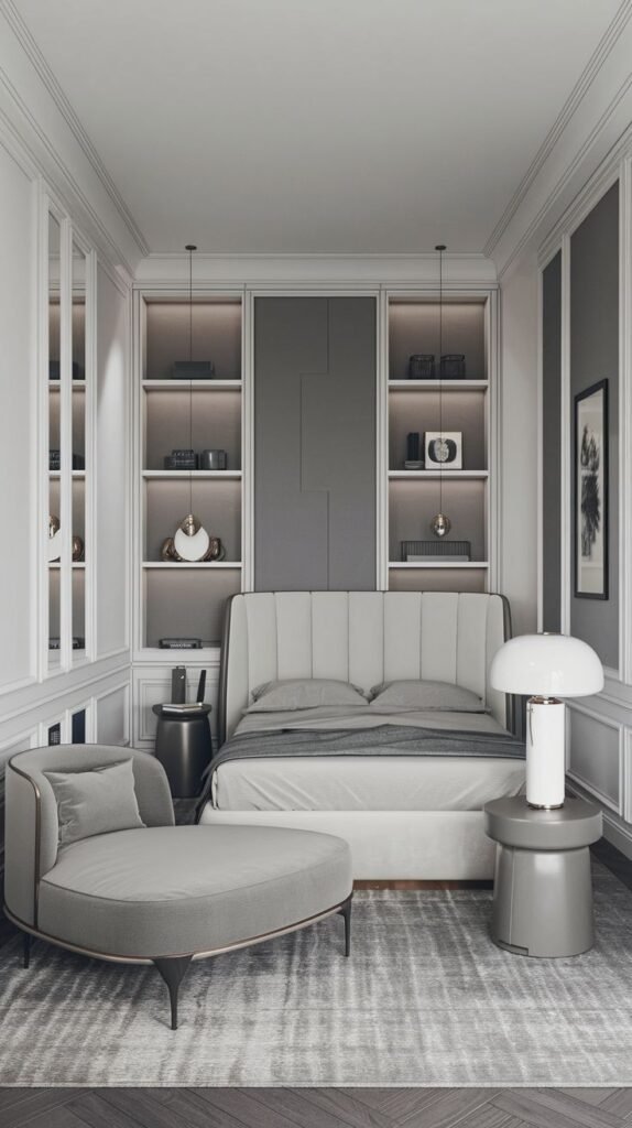 A modern gray Cozy Small Bedroom Interior where the bed is recessed between mirrored and illuminated shelving units, complemented by a round chaise lounge.