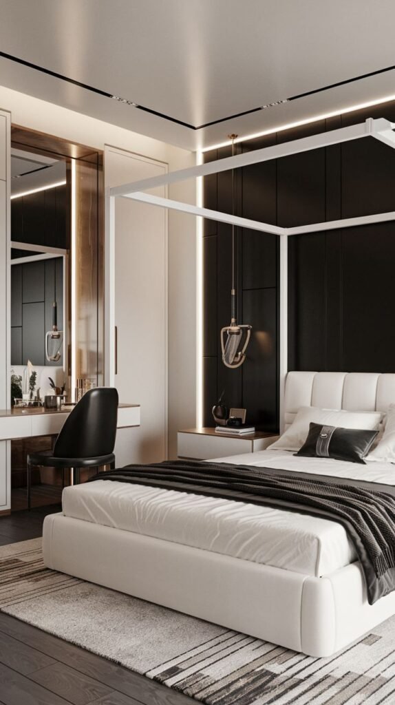 High-contrast black and white Cozy Small Bedroom Interior featuring a sleek white four-poster bed and a mirrored vanity/desk area built into the surrounding white cabinetry.