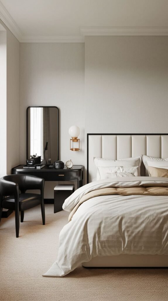 A minimalist Cozy Small Bedroom Interior with soft beige carpet, a simple paneled headboard framed in black, and an adjacent black vanity/desk area.