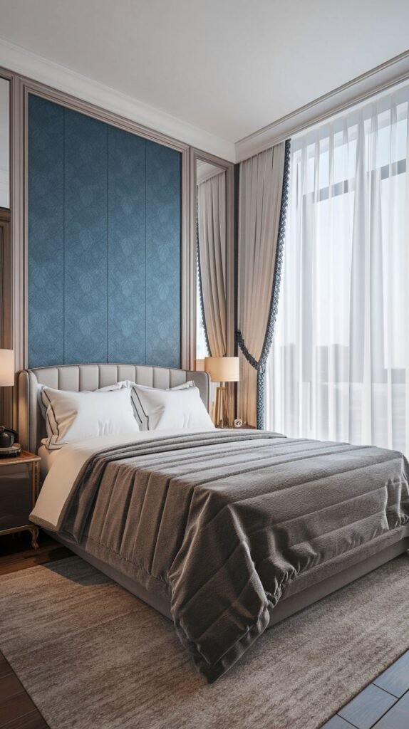 An elegant Cozy Small Bedroom Interior anchored by a deep blue textured accent wall, an upholstered bed, and voluminous sheer and lined curtains.