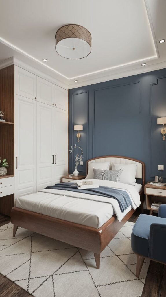 This colorful Cozy Small Bedroom Interior combines a dark wooden bed frame, substantial white built-in wardrobes, and a dramatic blue paneled wainscoting accent wall.