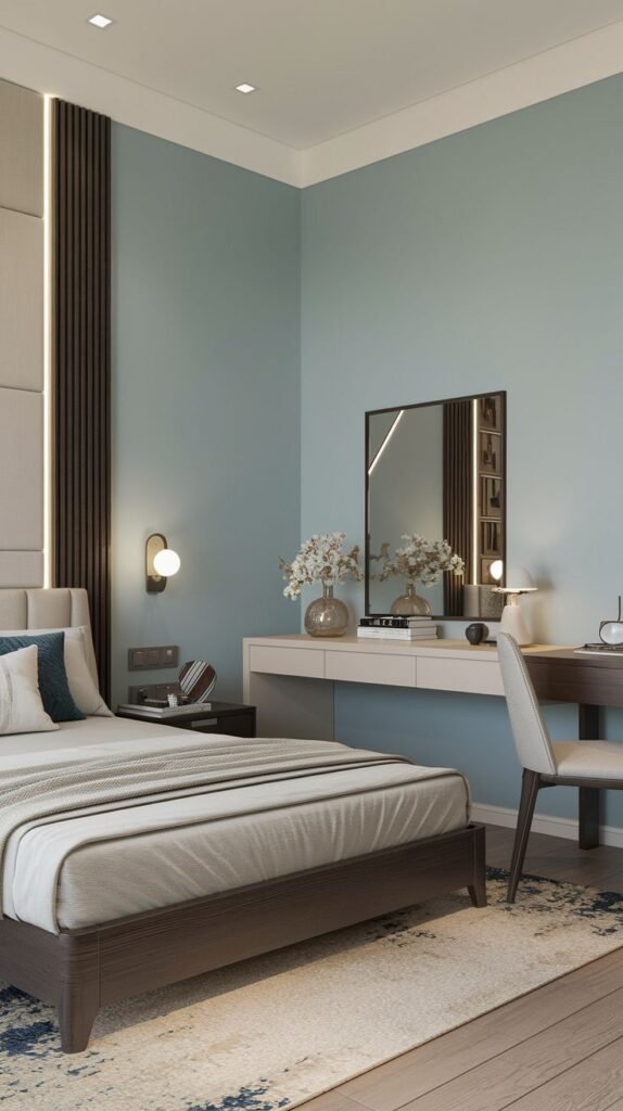 A refreshing Cozy Small Bedroom Interior featuring light blue walls, a floating white vanity, and a dark vertical wood slat accent panel near the bed.