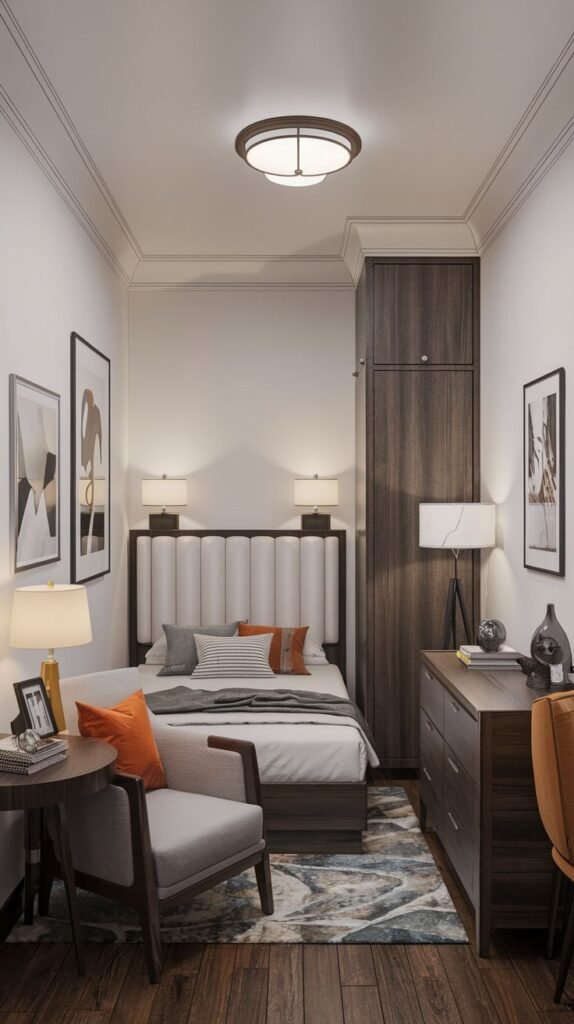 A narrow Cozy Small Bedroom Interior utilizing tall dark wooden wardrobes and dressers, accented with bright orange textiles for visual pop.