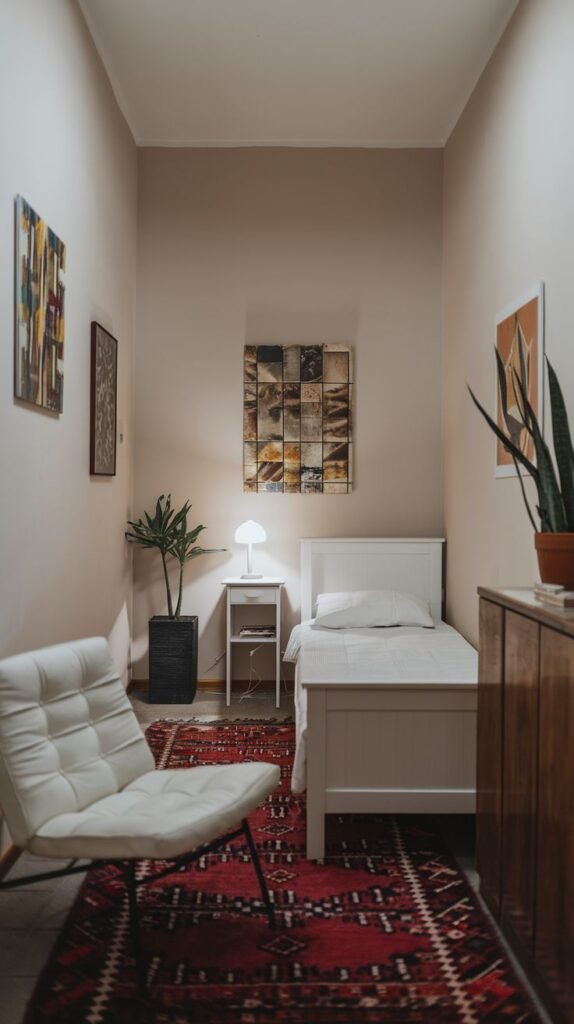 An eclectic Cozy Small Bedroom Interior for a long, narrow space, highlighted by a traditional vibrant red patterned rug and a white lounge chair.