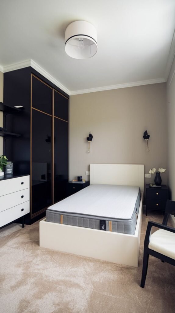 A sleek monochrome Cozy Small Bedroom Interior featuring a white bed base, light beige carpet, and a large glossy black floor-to-ceiling wardrobe with gold trim.
