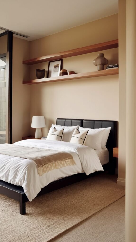 A minimalist Cozy Small Bedroom Interior in natural tones with a black bed frame and simple, long wooden floating shelves above the bed, replacing traditional nightstands.