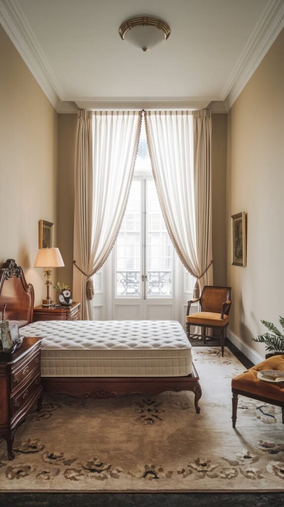 A classical Cozy Small Bedroom Interior featuring traditional wooden furniture, high ceilings, and voluminous, tasseled drapery over tall French doors.