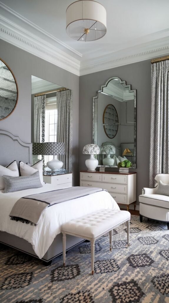 A sophisticated gray Cozy Small Bedroom Interior maximizing light and space using multiple large decorative mirrors and a patterned geometric rug.