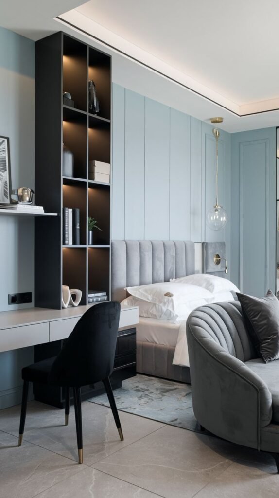 A tranquil Cozy Small Bedroom Interior defined by pastel blue paneled walls, a gray ribbed headboard, dark built-in storage, and a velvet chaise lounge.