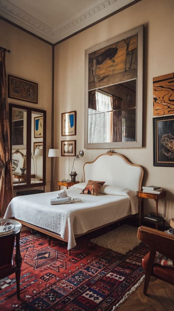 This eclectic Cozy Small Bedroom Interior gains character from a large central mirror, a layered gallery wall, and a traditional deep red patterned area rug.