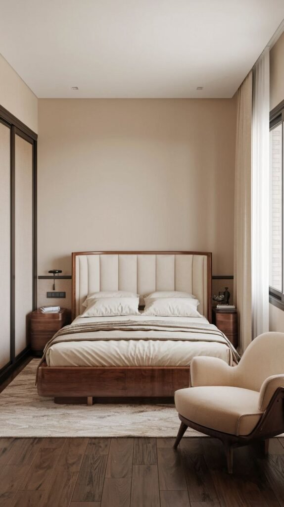 A Cozy Small Bedroom Interior displaying Mid-century warmth through a dark wooden bed frame, vertical channel-tufted headboard, and a light upholstered armchair.