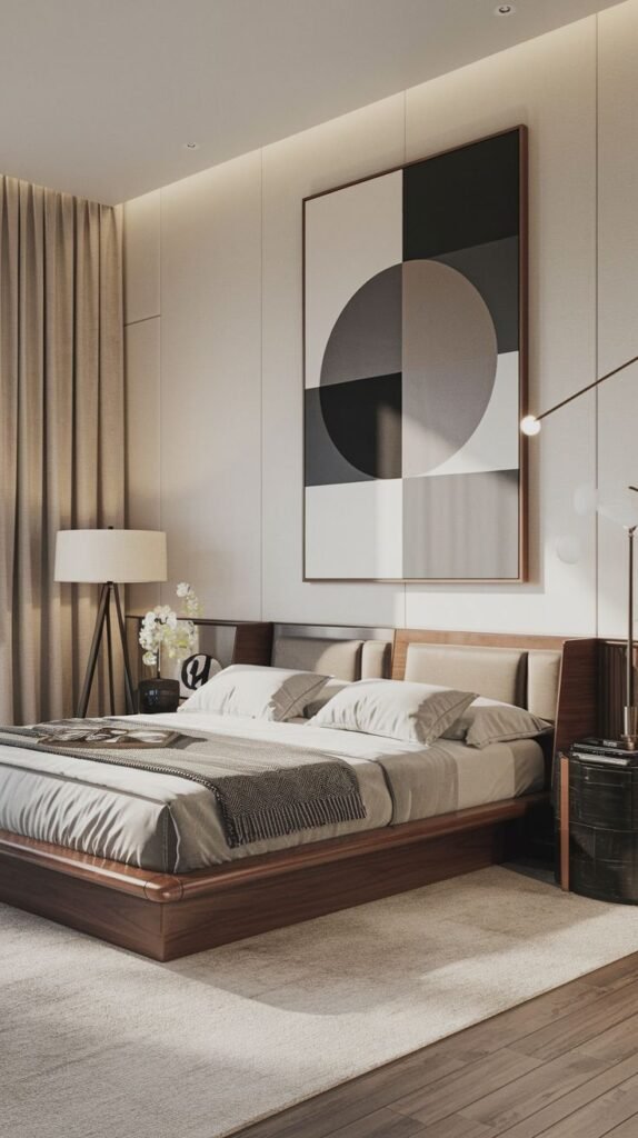 A contemporary Cozy Small Bedroom Interior centered on a large monochromatic geometric artwork hanging above a low-profile wooden platform bed.