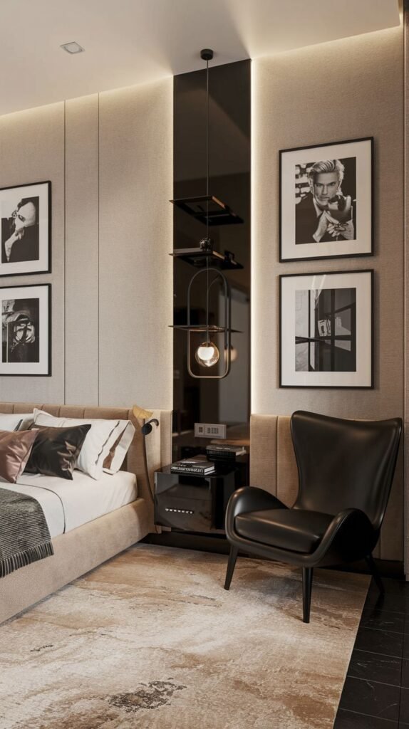 This elegant Cozy Small Bedroom Interior features a gallery wall of black and white portraits, a reflective black accent panel, and a striking black leather armchair.