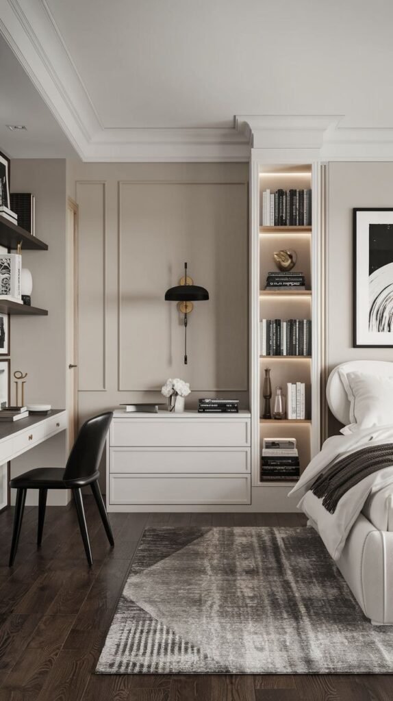A structured Cozy Small Bedroom Interior combining traditional wainscoting with illuminated vertical bookshelves, a white chest of drawers, and an integrated desk area.