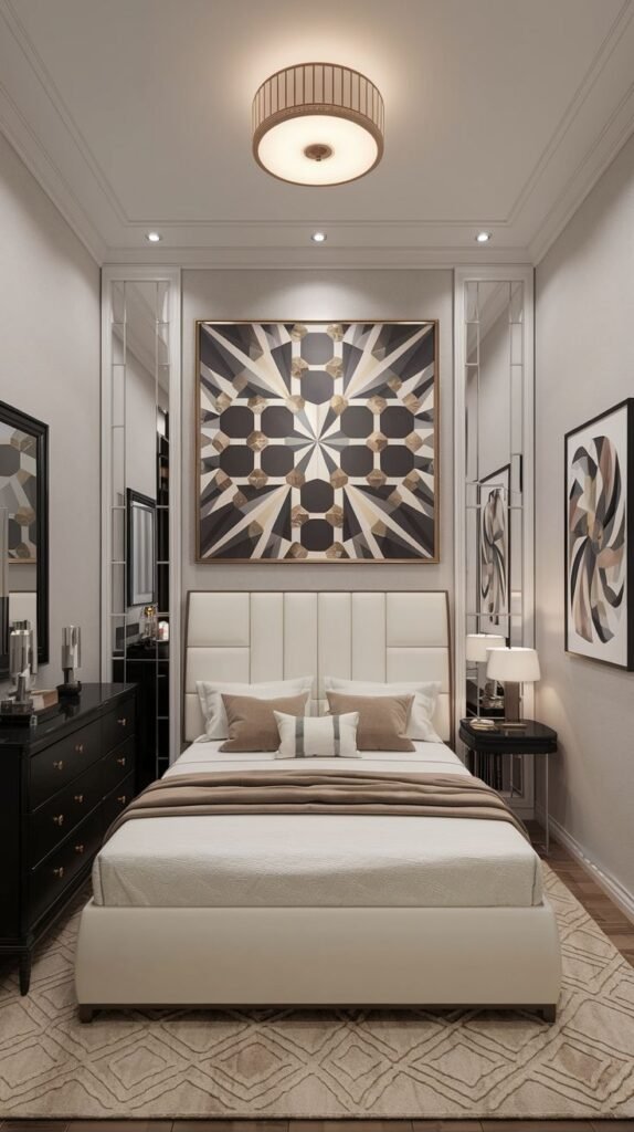 A symmetrical Cozy Small Bedroom Interior featuring a central geometric marquetry panel flanked by tall vertical mirrored accents to visually expand the space.