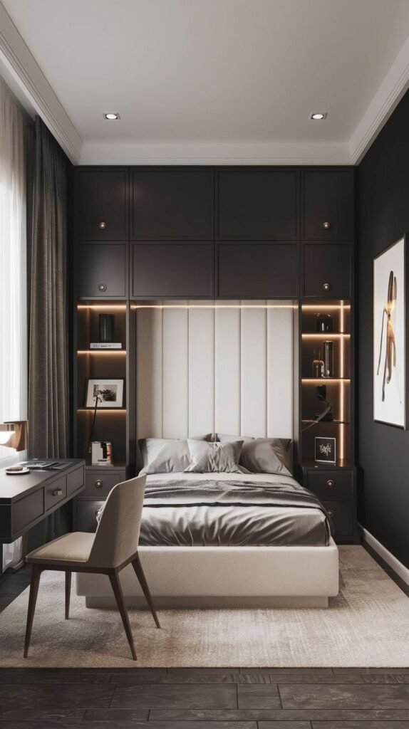 A dramatic Cozy Small Bedroom Interior where deep dark cabinetry frames the white padded headboard and includes accent-lit display shelves.