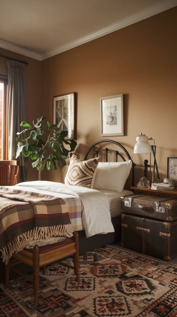 Cozy Small Guest Bedroom with earthy brown walls where stacked vintage leather trunks function as a decorative and functional bedside table.