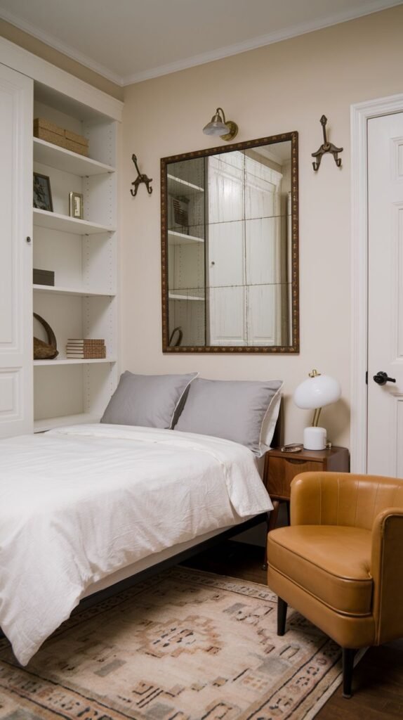 Cozy Small Guest Bedroom maximizing space with mirrored closet doors reflecting the room and providing storage, complemented by corner built-in shelving.