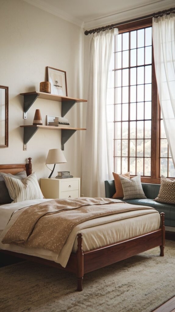 Cozy Small Guest Bedroom centered around a large multi-pane industrial window, featuring dual tiered floating shelves next to the bed.