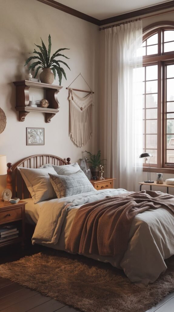 Cozy Small Guest Bedroom with bohemian warmth, defined by an arched window, a shaggy rug, and natural wood furniture and macrame decor.