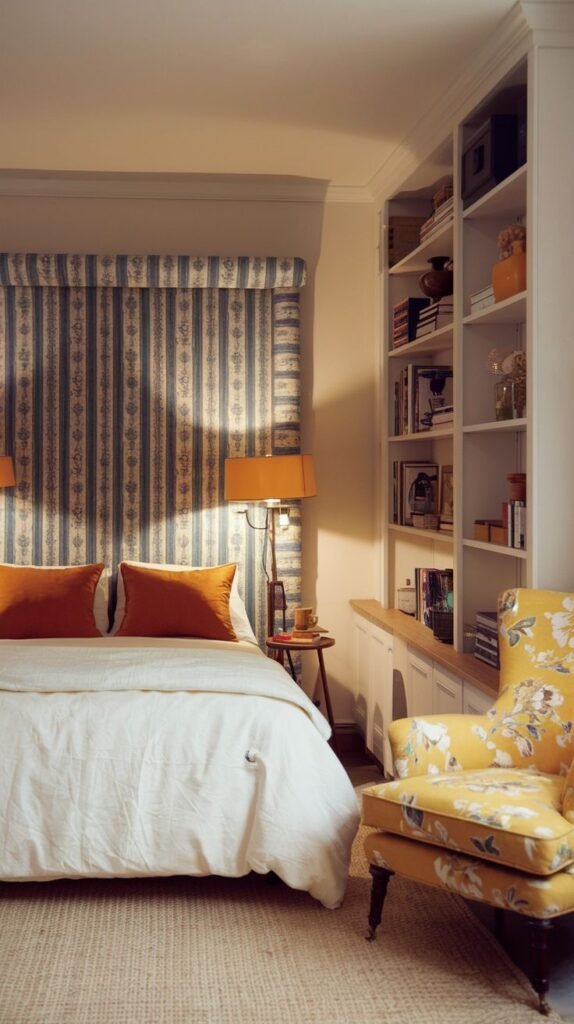 Cozy Small Guest Bedroom featuring a tall built-in bookcase and a striking yellow floral wingback accent chair for a vibrant contrast.