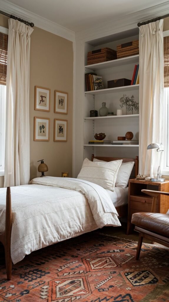 Cozy Small Guest Bedroom utilizing a single bed to maximize floor space, featuring tall built-in shelving and an earthy red patterned area rug.