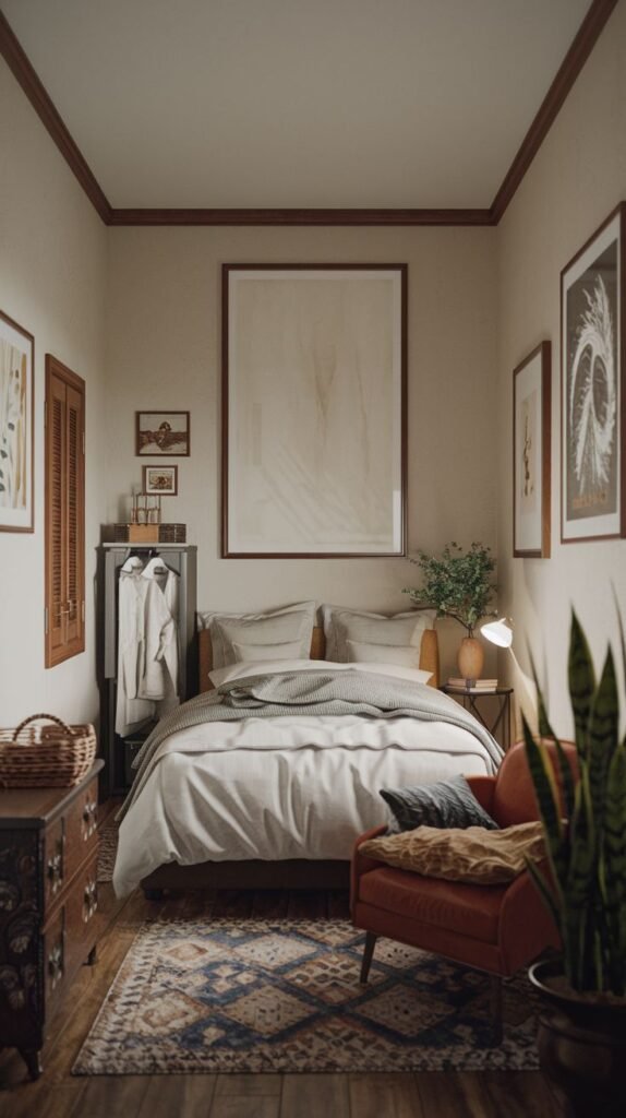 Cozy Small Guest Bedroom optimized for a narrow layout, featuring an open clothes hanging rack next to a chest of drawers and centered by a large framed neutral artwork.