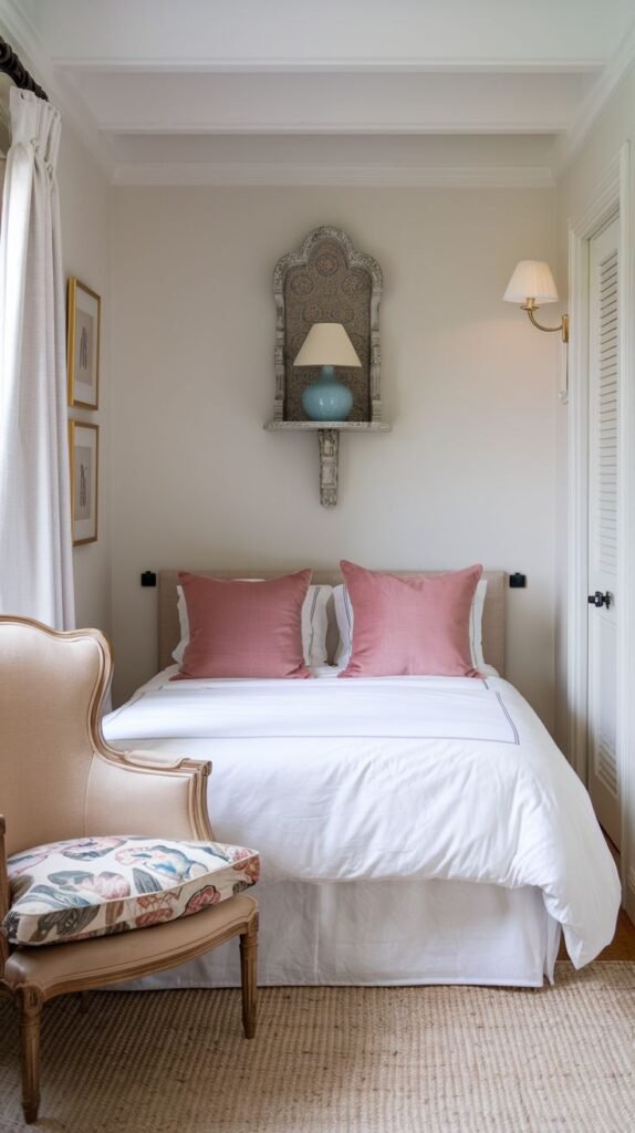 Cozy Small Guest Bedroom designed as a minimalist niche with white walls, featuring a small decorative shelf niche above the bed and wall sconce lighting.