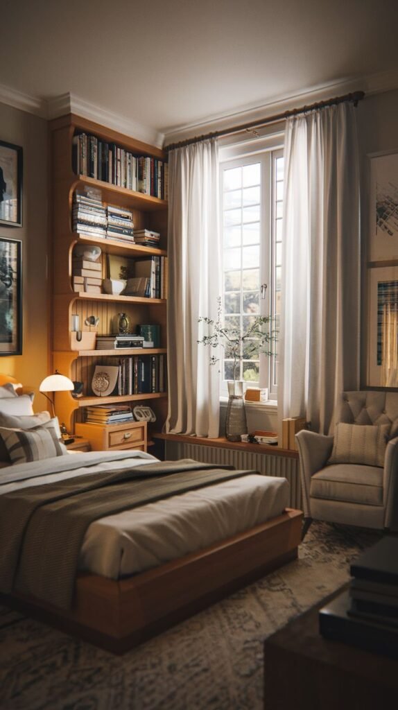 Cozy Small Guest Bedroom converted into a library feel with a full, floor-to-ceiling wooden built-in bookcase next to the bed and a plush armchair.