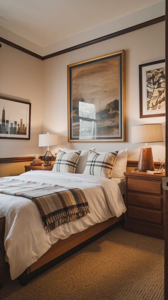 Cozy Small Guest Bedroom featuring traditional comfort with dark mahogany nightstands and layered plaid textiles, defined by dark wooden trim.