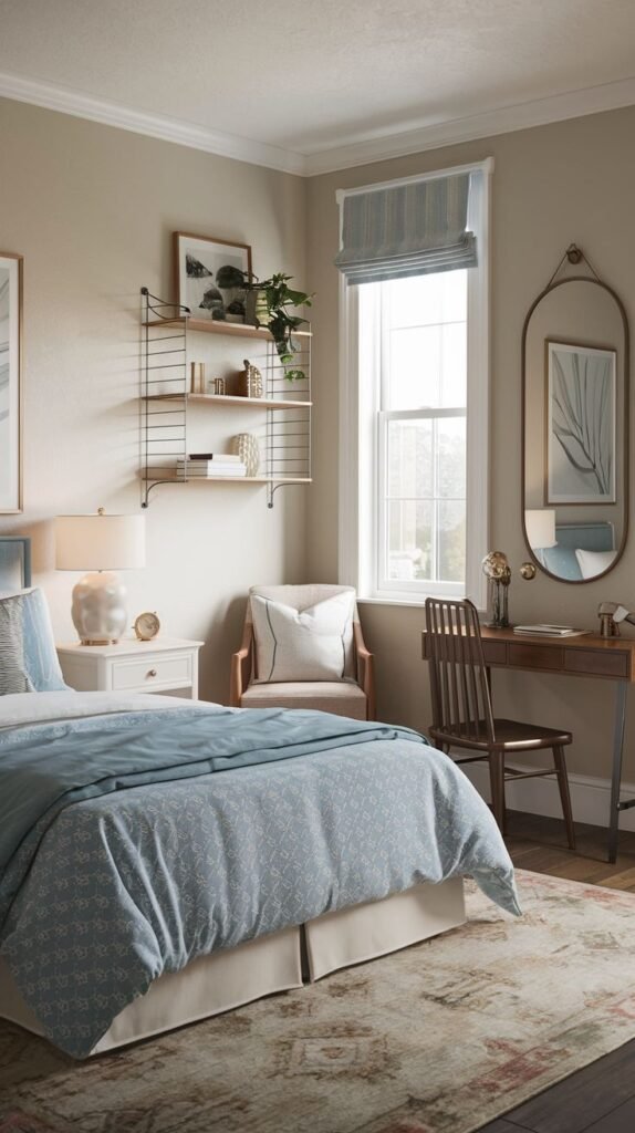 Cozy Small Guest Bedroom featuring a slim wooden desk/vanity beneath the window and space-saving tiered wire wall shelving for storage and plants.
