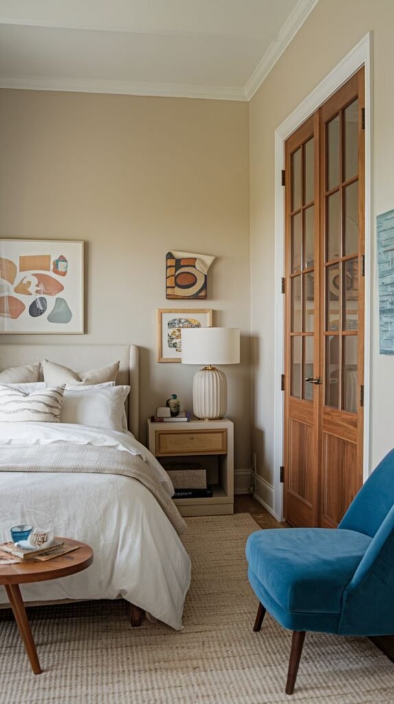 Cozy Small Guest Bedroom contrasting soft neutrals in the bedding and walls with a single vibrant blue velvet accent chair and warm wood French doors.