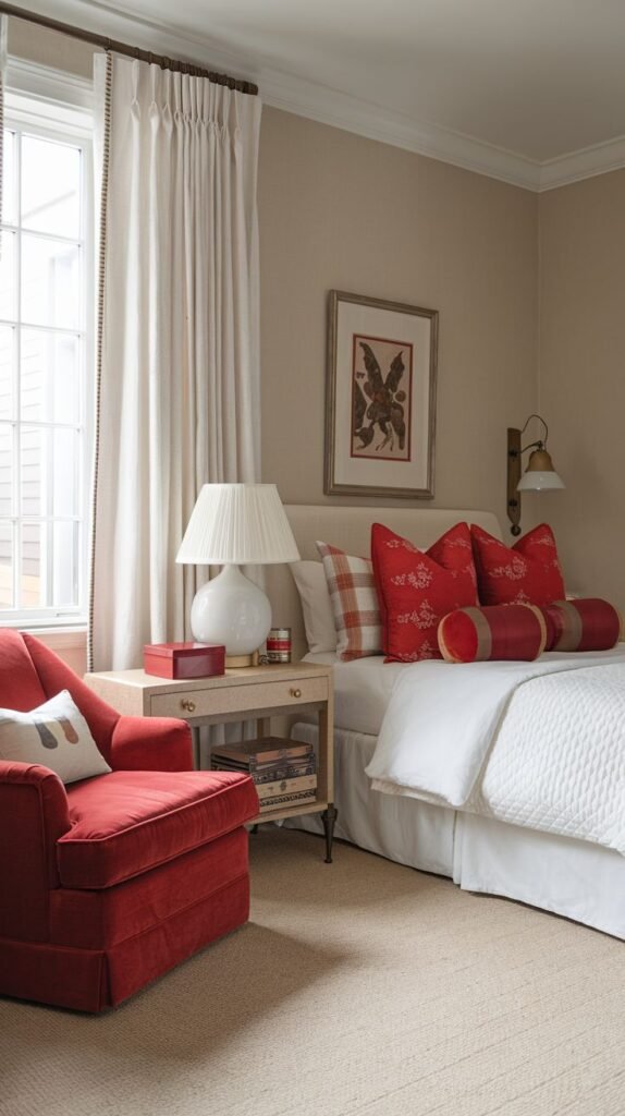 Cozy Small Guest Bedroom achieving elegant simplicity with soft beige walls, contrasted by deep red velvet upholstery and patterned pillows, and wall-mounted sconce lighting.
