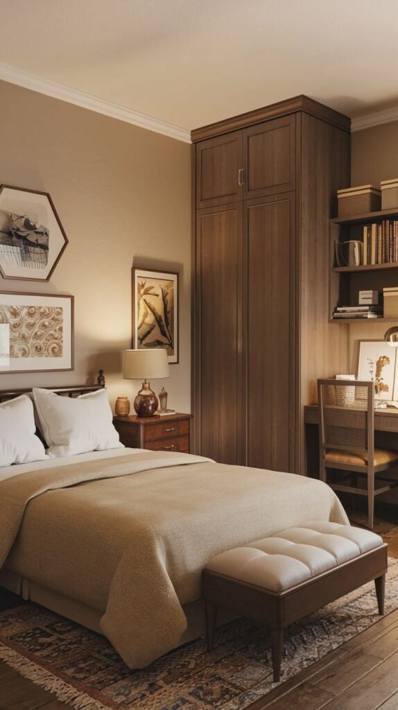 Cozy Small Guest Bedroom featuring a dark wood floor-to-ceiling wardrobe and an integrated desk nook, with neutral bedding and a tufted bench.