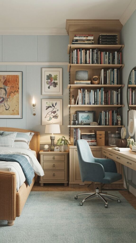 Cozy Small Guest Bedroom with light blue paneled walls, floor-to-ceiling built-in light wood bookshelves flanking a bed, and a blue swivel chair at a dedicated desk area.
