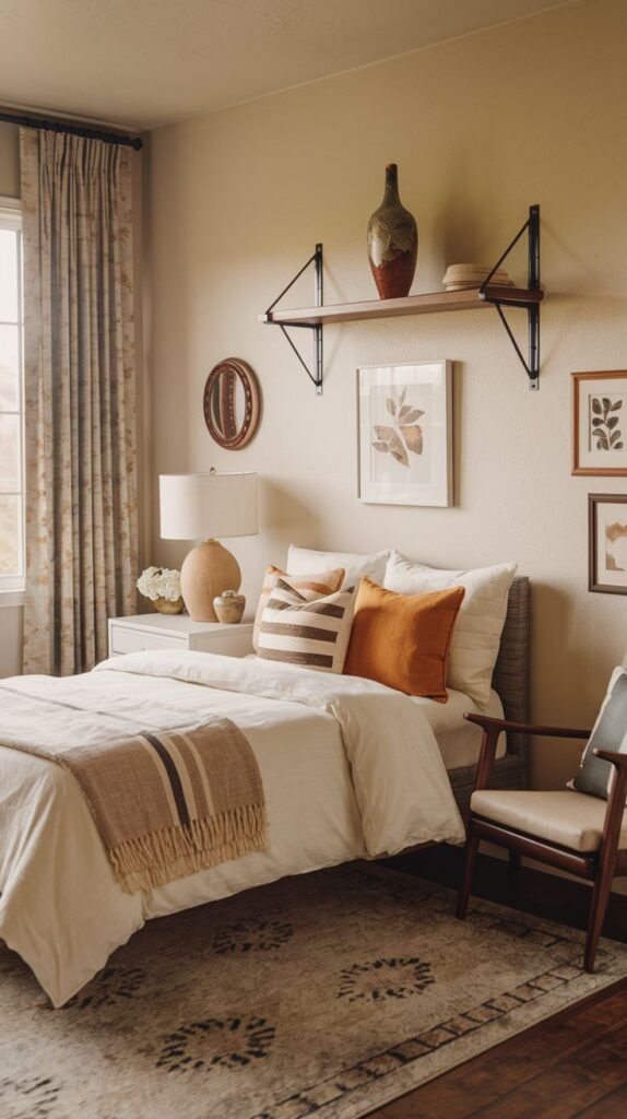 Cozy Small Guest Bedroom in natural neutrals, showcasing a simple bed, an accent chair, and a wooden floating shelf with dark brackets displaying pottery above the headboard.
